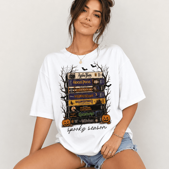 Vintage Halloween VHS T-Shirt, Retro Spooky Movie Stack Graphic Tee, Funny Horror Season Fall Shirt