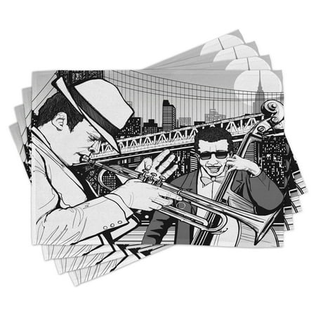 

Music Placemats Set of 4 Illustration of Jazz Band Playing the Blues in New York in Moonlight Retro Design Washable Fabric Place Mats for Dining Room Kitchen Table Decor Black White by Ambesonne