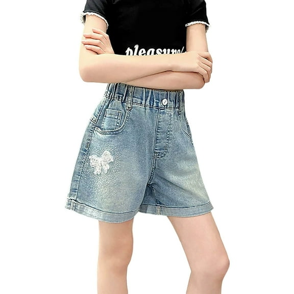 LIIPEE Girls Jeans Shorts Summer Fashion Bowknot Stretch Elastic Waist Denim Shorts With Pocket Girls Trendy Beach Vacation Daily Wear Shorts,Blue,12-13 Years