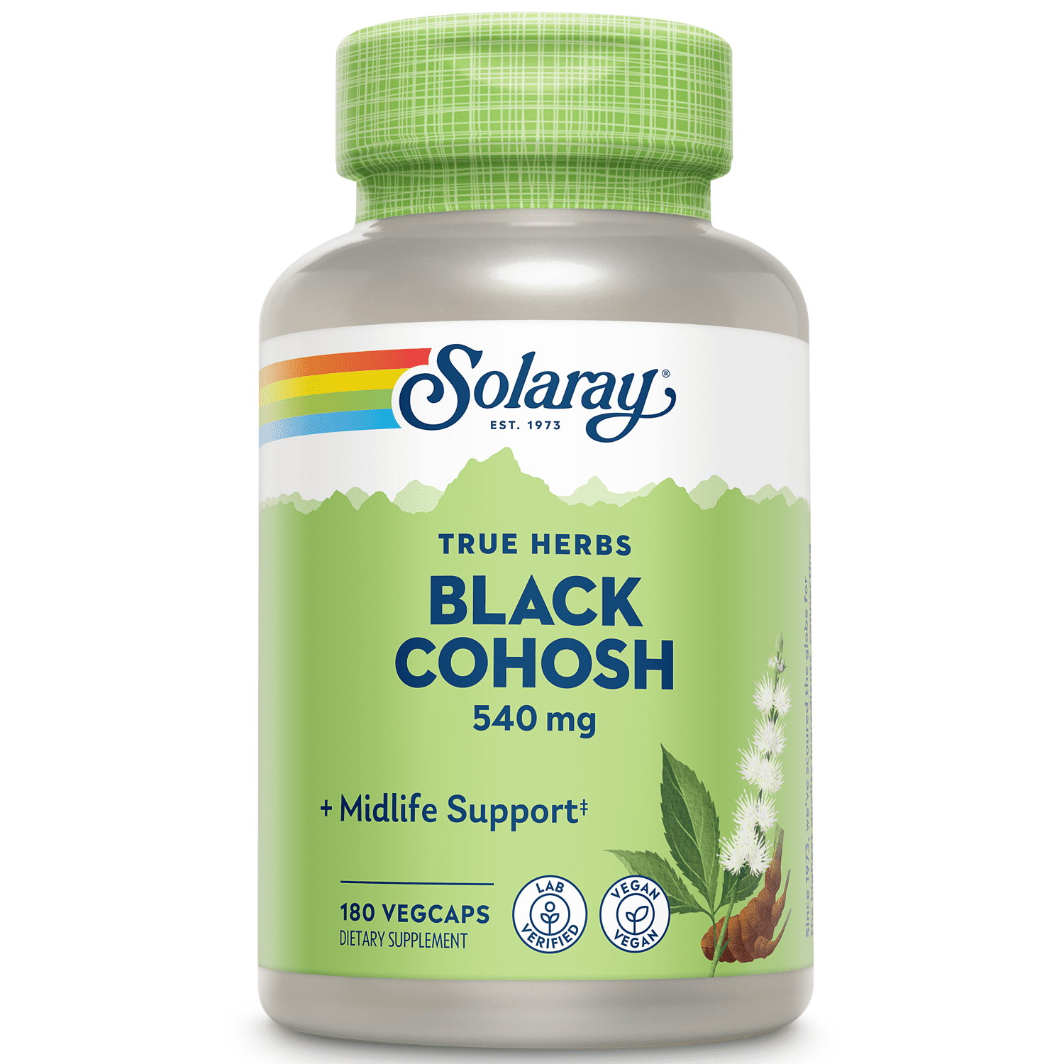 Solaray Black Cohosh 540 mg | Womens Health & Menopause Support Supplement | Whole Root | Non-GMO, Vegan & Lab Verified | 180 VegCaps