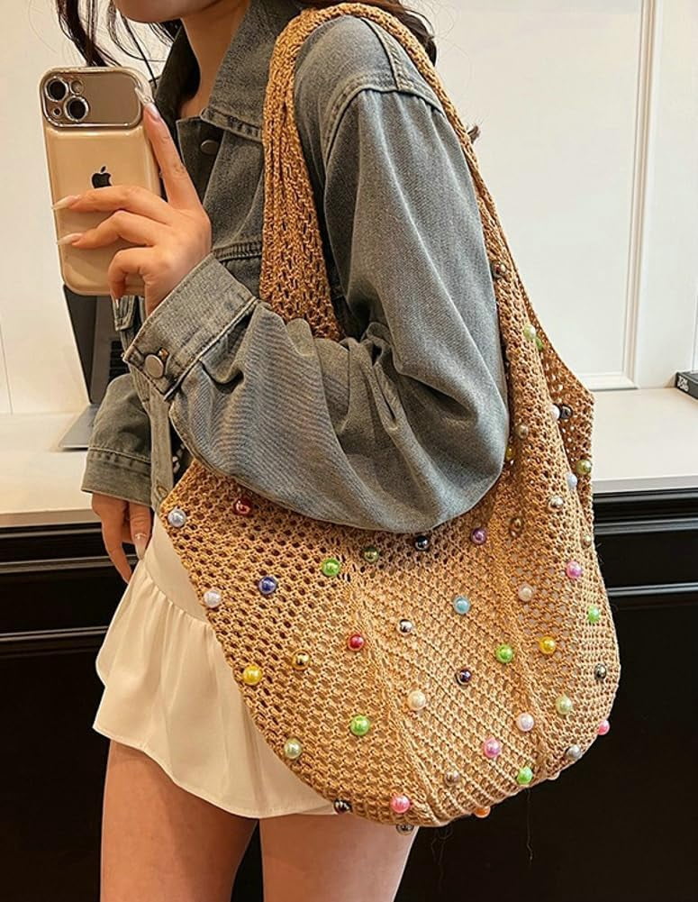 Zhengup Woven Tote Bag for Wineb Crochet Hobo Bags Beaded Shoulder Bag Trendy Knit Hollow Summer Beach Handbag Purse