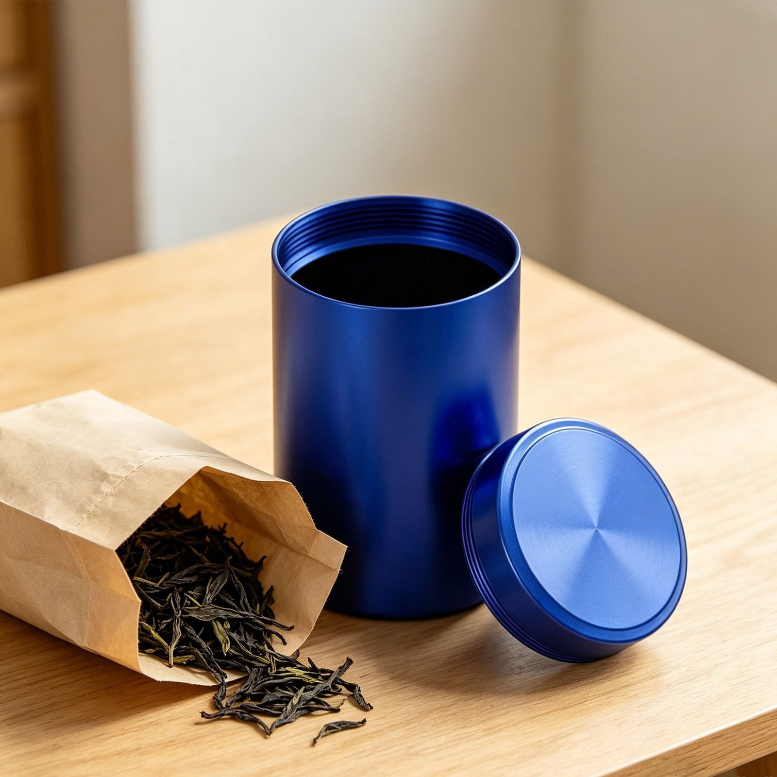 Portable Medium Aluminum Tea Canister, Lightweight Food Grade Travel Storage Container, Empty Leak Proof Jar For Loose Leaf And Outdoor Use (Blue)