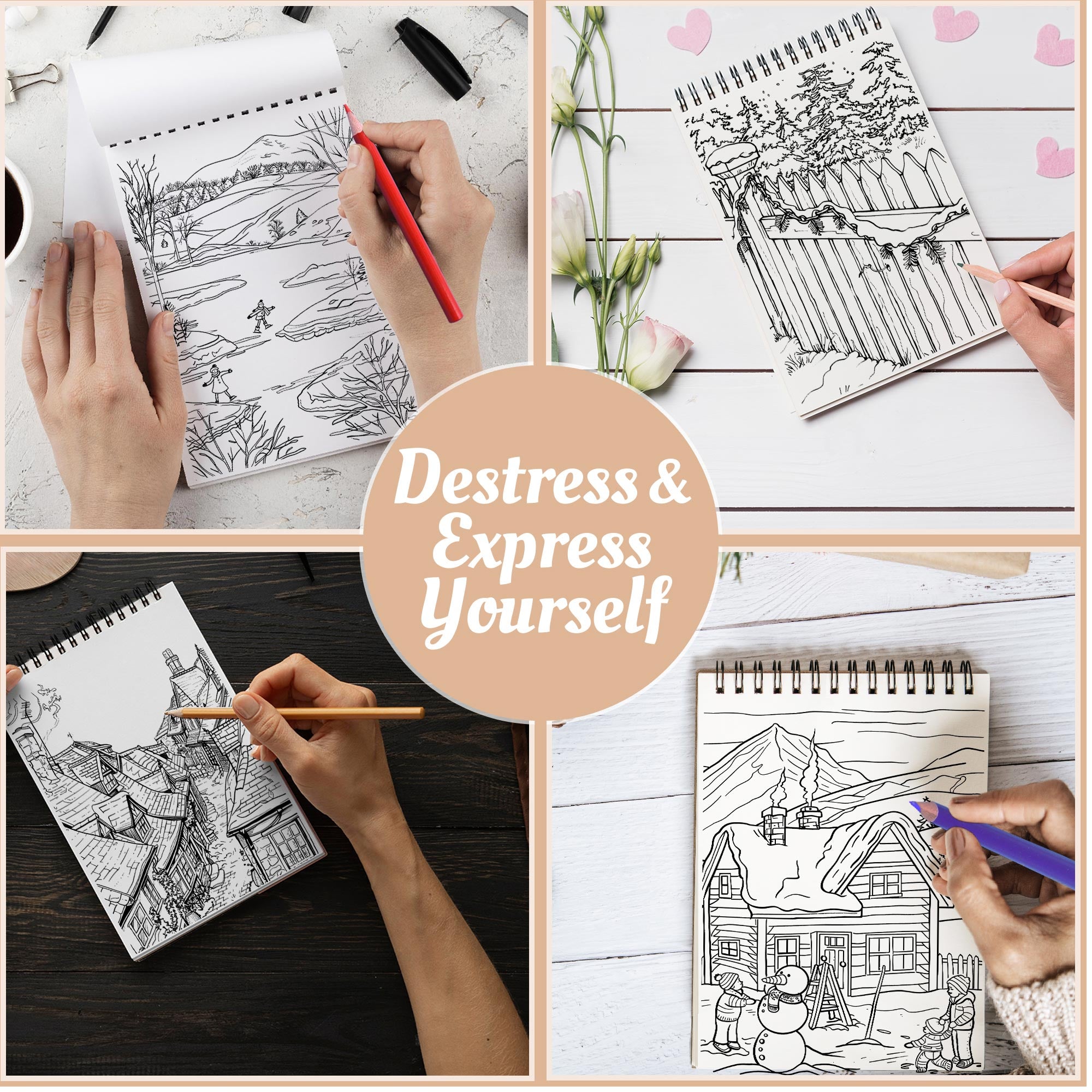 Netecom Christmas Winter Coloring Book Spiral Bound for Adults, A5 Wooden Cover, 30 Stunning Coloring Pages of Winter Landscapes for Stress Relief and Relaxation