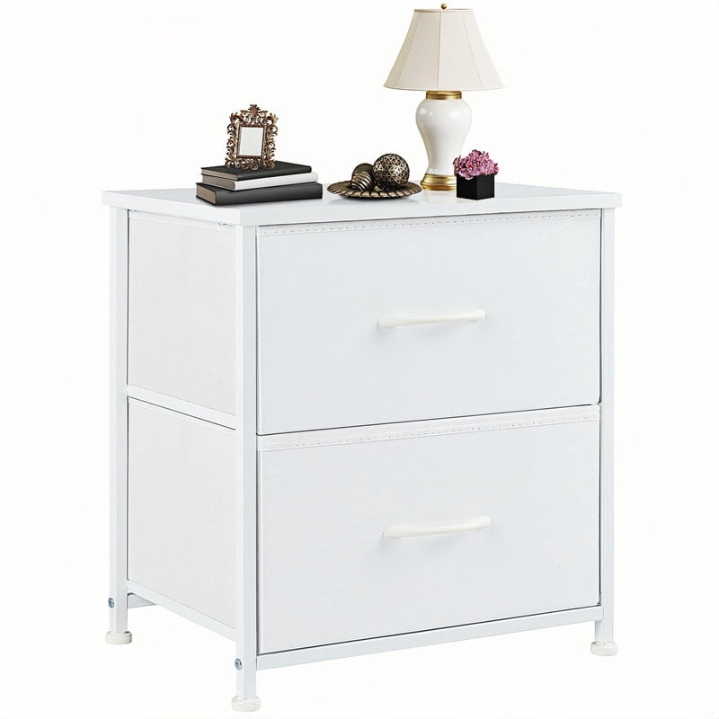 Kelno Nightstand 2 Drawers Fabric Storage Dresser Small Bedside Table Wood Top, White