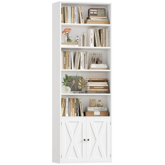 Hiphuta 81.5" Tall Bookcase with Doors, 5-Tier Bookshelves with Storage, 23.6"W Display Shelf with 2 Doors for Home Office, Living Room, White