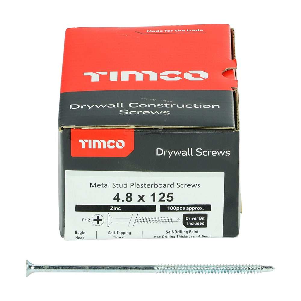 Timco - Drywall Metal Stud Plasterboard Screws - PH - Bugle - Self Drilling - Zinc (Size 4.8 x 125 - 100 Pieces)
