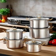 10-Piece Silver Stainless Steel Non-Stick Cookware Set with Lid, Frying Pan, Stew Pot, Induction Compatible for Kitchen, Restaurant, Camping, Great Gift for Valentine's/Mother's Day