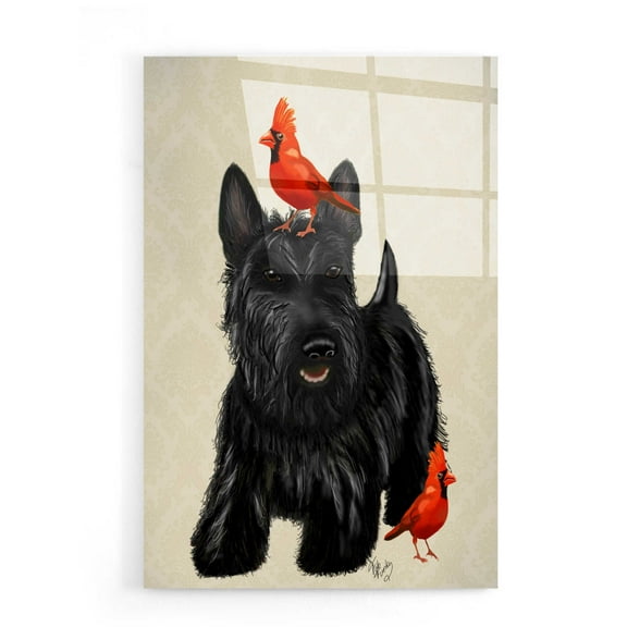 Epic Art 'Scottie Dog and Red Birds' by Fab Funky, Acrylic Glass Wall Art, 16"x24"