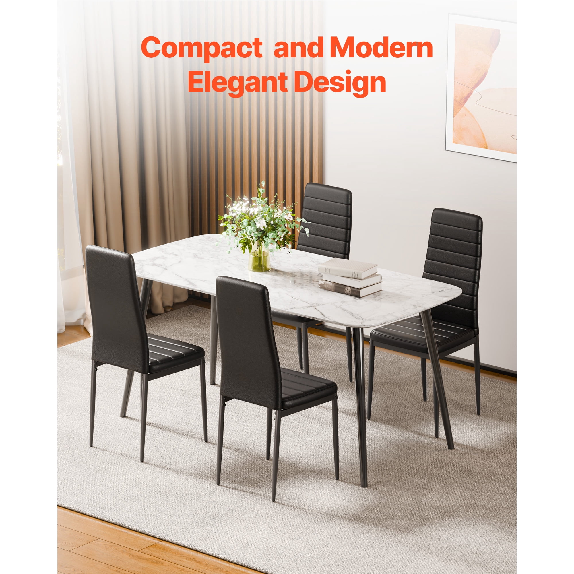 KFFKFF Set of 4 Modern Dining Chairs, Upholstered Leather Side Chairs with Padded Seats and Metal Legs, Space-Saving Design for Kitchen or Dining Room, Black