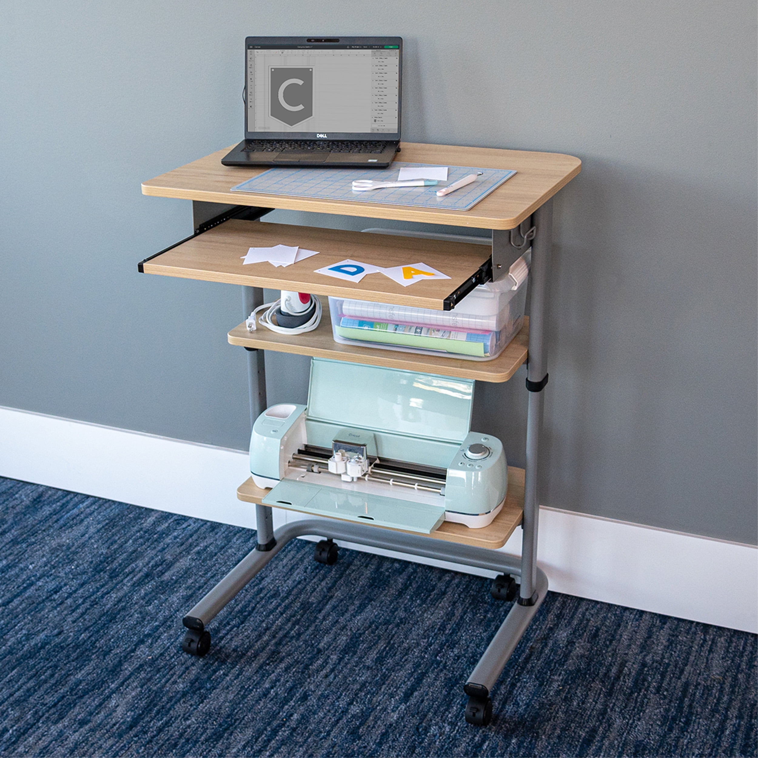 Stand Up Desk Store Adjustable Height Mobile Laptop Workstation with Retractable Keyboard Tray (Charcoal Frame/White Oak Top, 29” Wide)