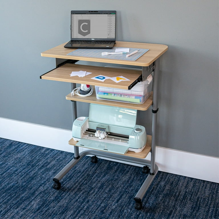 Stand Up Desk Store Adjustable Height Mobile Laptop Workstation with Retractable Keyboard Tray Charcoal Frame White Oak Top 29 Wide