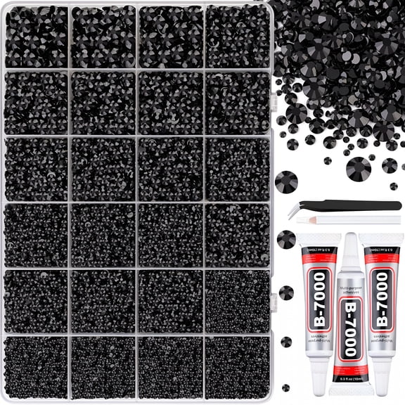 TUWAFE 32000Pcs Black Rhinestones for Bedazzling, Flatback Resin Gems Crystal, Bedazzler Kit with 3Pcs 10ml Clear Jewelry Glue and Tweezers for Makeup Crafting Nail Art