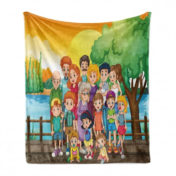 Aunt Soft Flannel Fleece Blanket, Cartoon Pattern of Adults and Children Posing and Smiling at the Camera Outdoors Print, Cozy Plush for Indoor and Outdoor Use, 50" x 70", Multicolor, by Ambesonne