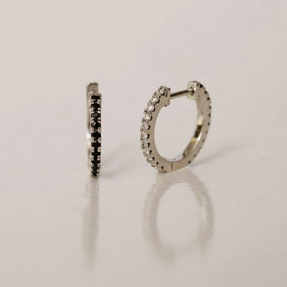 Black Onyx & Diamond Hoop Earring, 925 Sterling Silver Reversible Huggies Hoop, Anniversary Gift For Her, Wedding Jewellery.