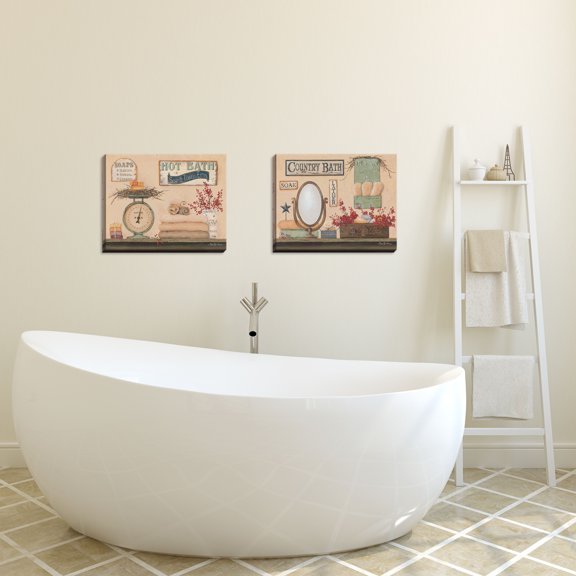 Gango Home Decor Country-Rustic Hot Bath & Country Bath; Two 16x12in Hand-Stretched Canvases