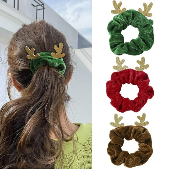 3PCS Christmas Hair Scrunchies, Silk Hair Ties with Christmas Elk Antler, Soft Elastic Hair Bands, Red Green Hair Ties Ponytail Holders for Women Girls