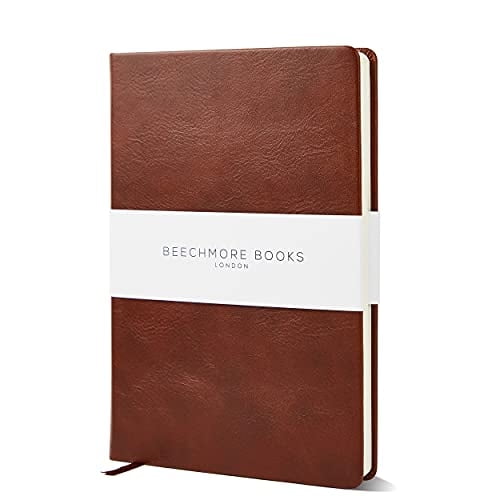 Cuaderno + Rayas - Diario A5 Beechmore Books | Tapa piel vegana 5.75 x 8.25 | Papel grueso 120gsm crema con líneas | Caja regalo | Marrón castaño