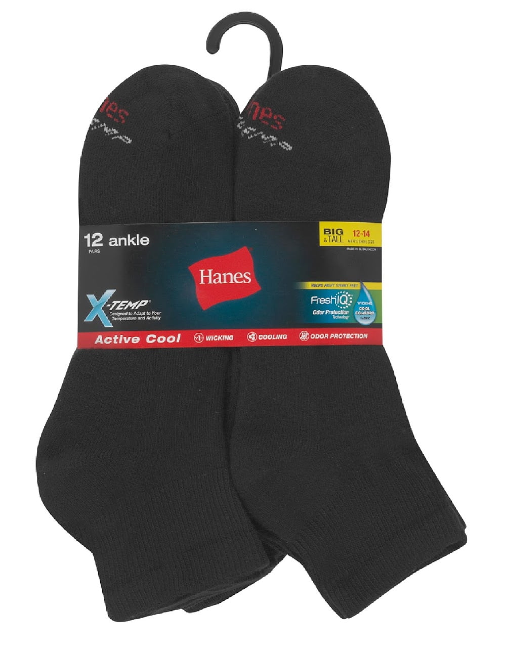Hanes Men's 12-Pack 'BIG-TALL' X-Temp Comfort Cool Ankle Socks (Black,  Shoe: 12-14 / Sock: 13-15) Fresh IQ Advanced Odor Protection Technology,  Extra-Thick Comfort Cooling, Reinforced Heel-Toe AC12P 