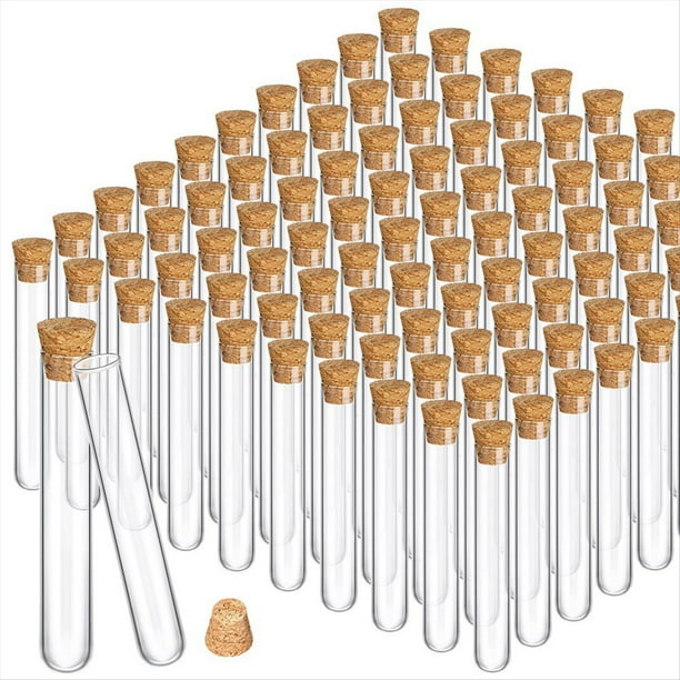 100 Tubos de Ensayo de Vidrio con Tapones Transparentes de Corcho, Contenedor de Tubos de Tampones de Alcohol para Prueba de Laboratorio de Fondo Redondo (15X100 mm/13 Ml)