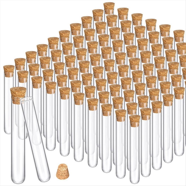 100 Tubos de Ensayo de Vidrio con Tapones Transparentes de Corcho, Contenedor de Tubos de Tampones de Alcohol para Prueba de Laboratorio de Fondo Redondo (15X100 mm/13 Ml)