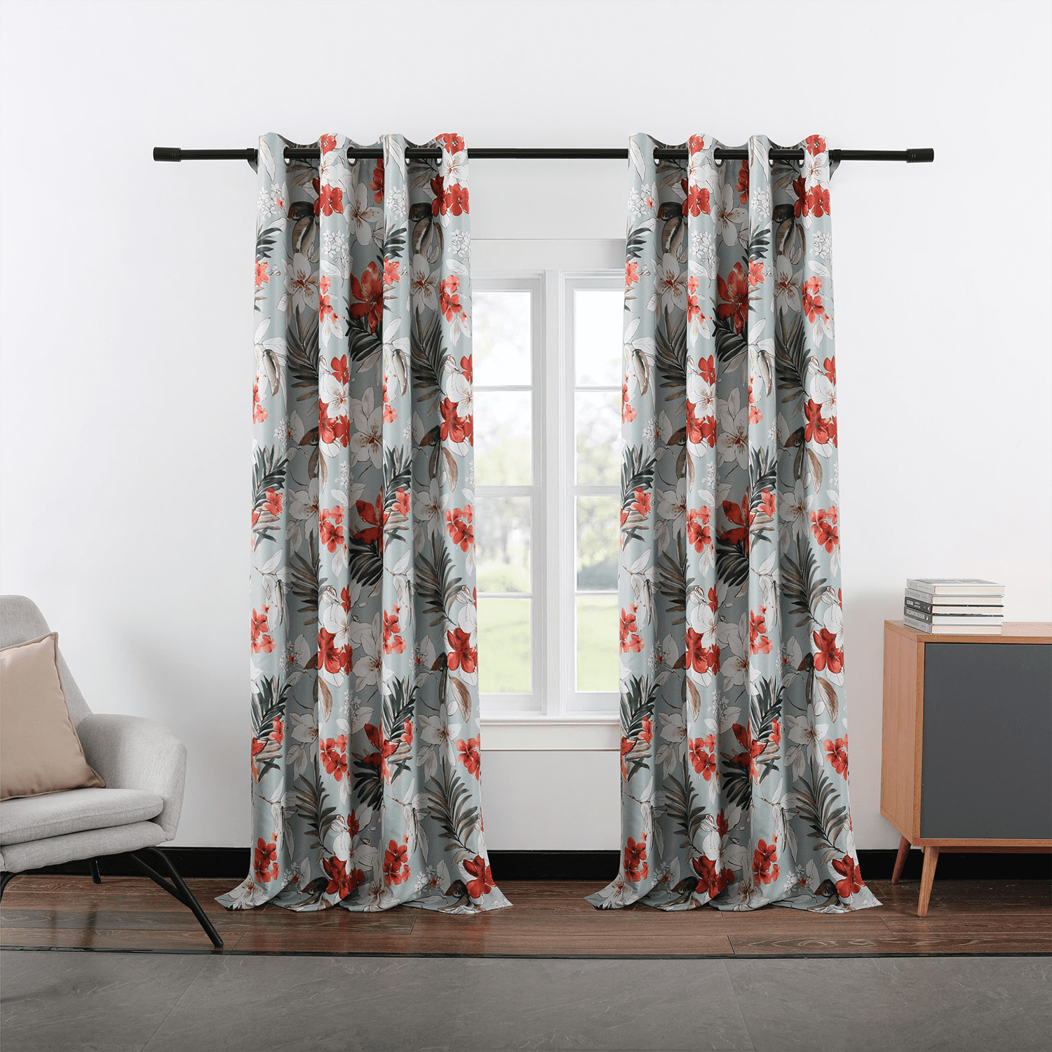 VOGOL Flowers and Leaves Print Countryside Style Spring Thermal Insulated Light Reducing Window Curtain Drapes for Dining Room Bedroom, 2 Panels, 52x63, Blue with Red