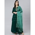 thumbnail image 4 of Janasya Indian Women's Dark Green Velvet Floral Embroidery Kurta with Flared Palazzo and Dupatta, 4 of 10