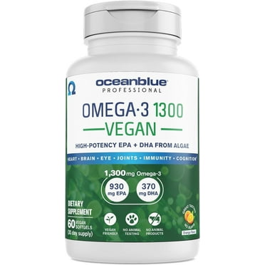 Oceanblue Professional Vegan Omega-3, 60 Count Algae Oil Supplement, High-Potency Vegan DHA & EPA, 30 Servings, Gluten-Free, Lactose-Free, No Artificial Ingredients, No Mercury
