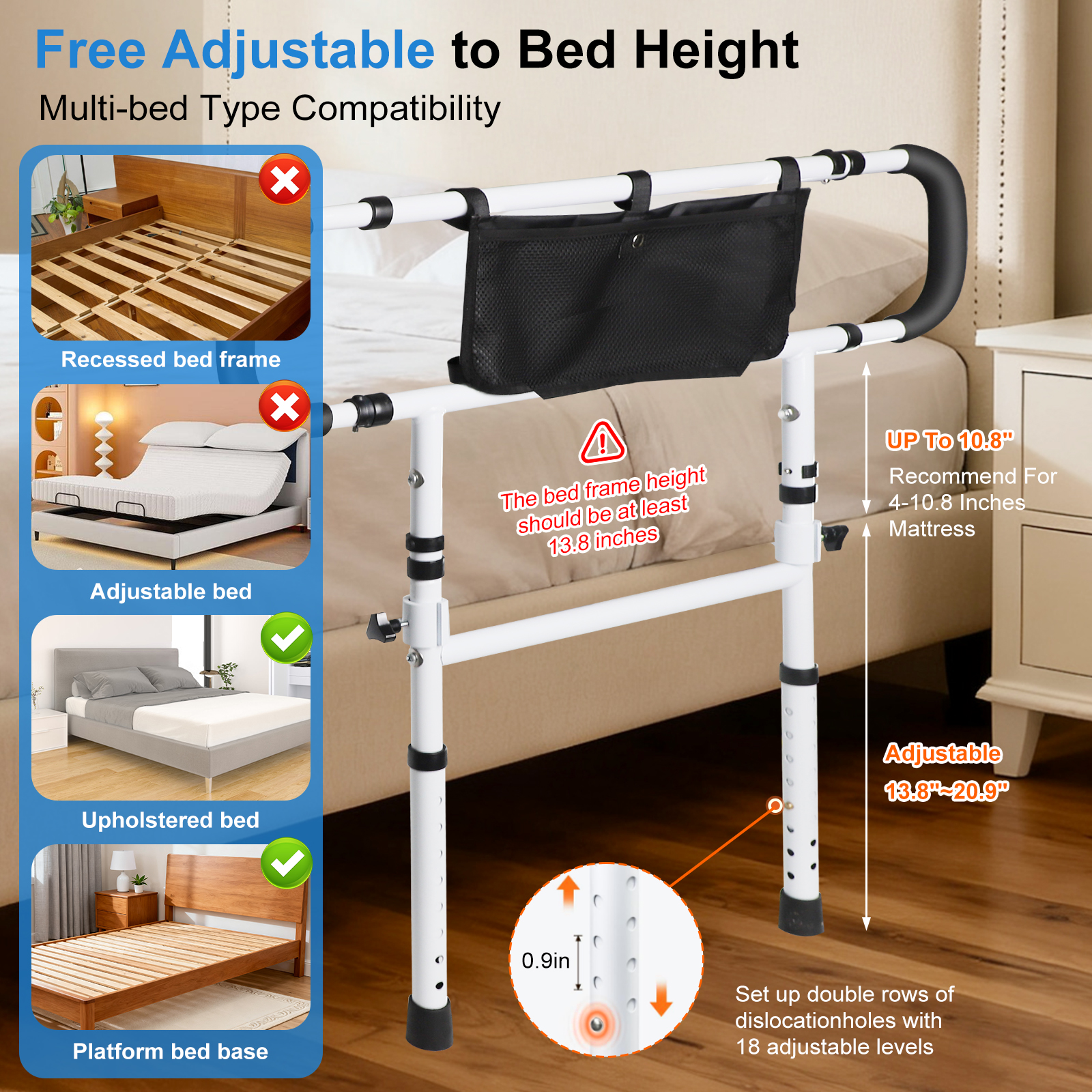 Burfoko Adjustable Bed Rail for Fall Prevention, White, 1 Count