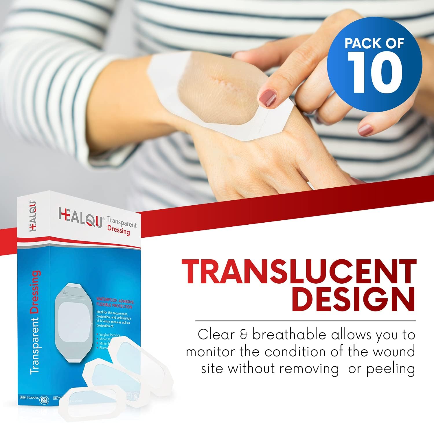 HEALQU Transparent Film Dressing - 6" x 8", Pack of 10 - Waterproof Adhesive Wound Bandages for Surgery, IV Protection, Tattoo Aftercare, Shower Safe
