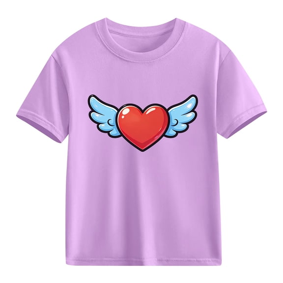 Cute Girls Winged Heart T-Shirt Valentine's Day Kids Graphic Tee Purple Cotton Short Sleeve Top,Size 7 T
