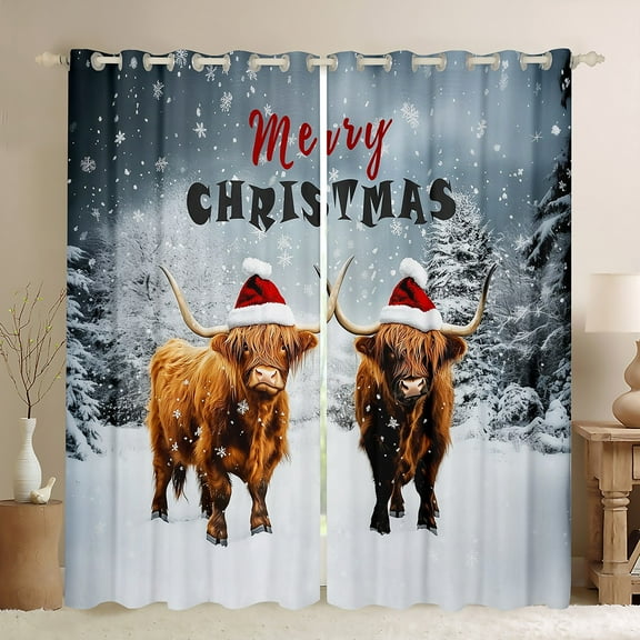 Feelyou Rustic Highland Cow Black Out Curtains, Merry Christmas Curtains Pack of 2 (42x63 Each), Kawaii Winter Animal Bedroom Curtains, Curtains and Drapes Home Decor