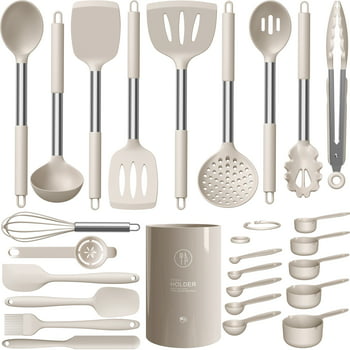 oannao Silicone Cooking Utensils Set - Heat Resistant Stainless Steel Kitchen Utensils, Baking Tools Kitchen Gadgets,Turner, Tongs,Spatula,Spoon,Brush,Whisk,Non-Stick Friendly, Dishwasher Safe (Khaki)