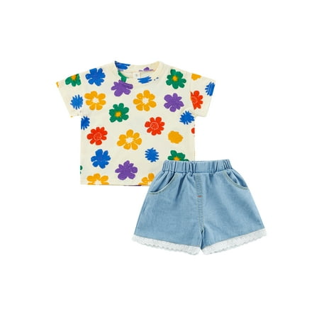 

Frobukio Little Girls Summer 2PCS Clothes Set Flower Pattern Printed Short Sleeve T-shirt + Lace Hem Denim Shorts Beige Yellow 3-4 Years