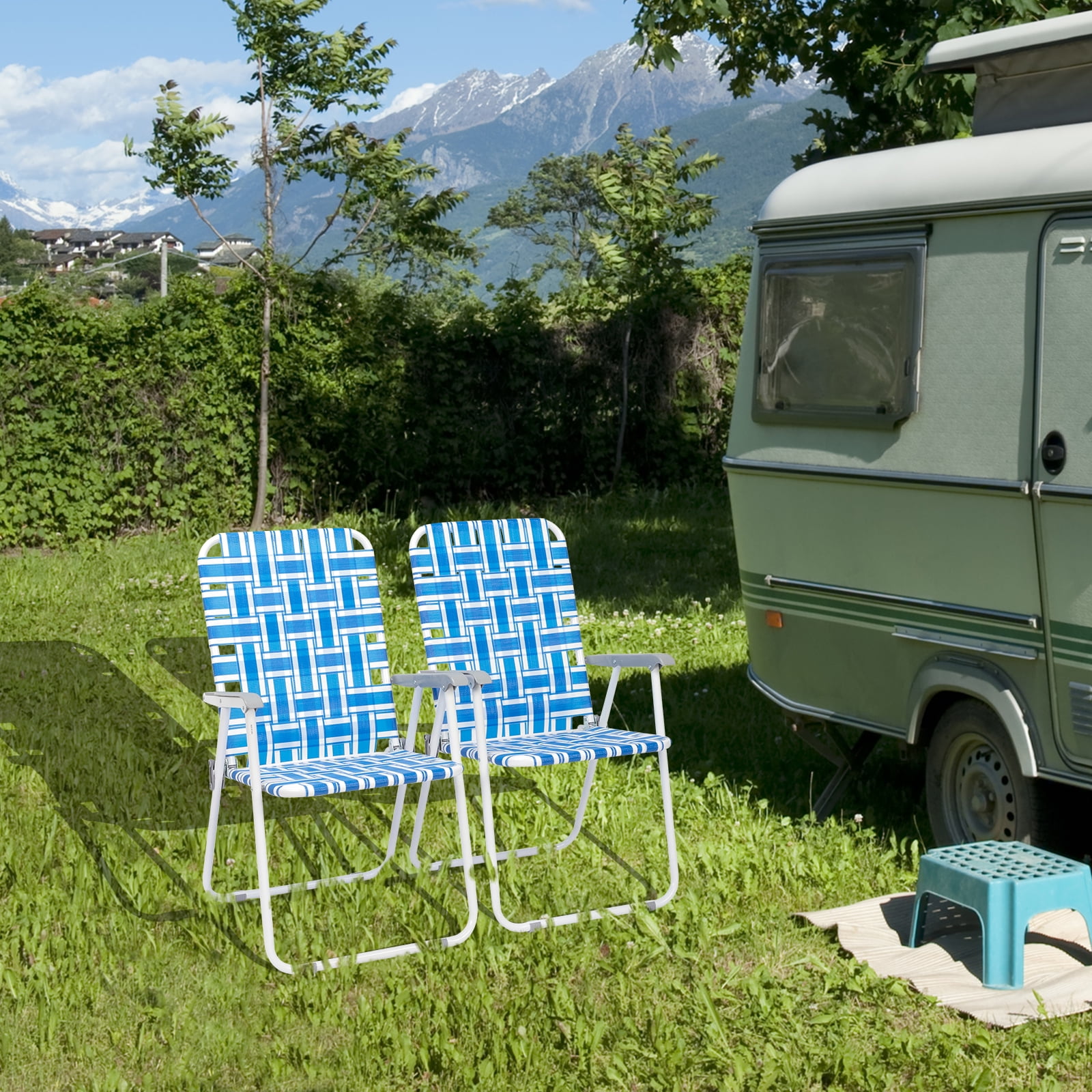 Ktaxon 2Pcs Patio Folding Web Lawn Chair Set, Outdoor Beach Chair, Portable Seating for Camping Picnic Party Commercial, Light Blue