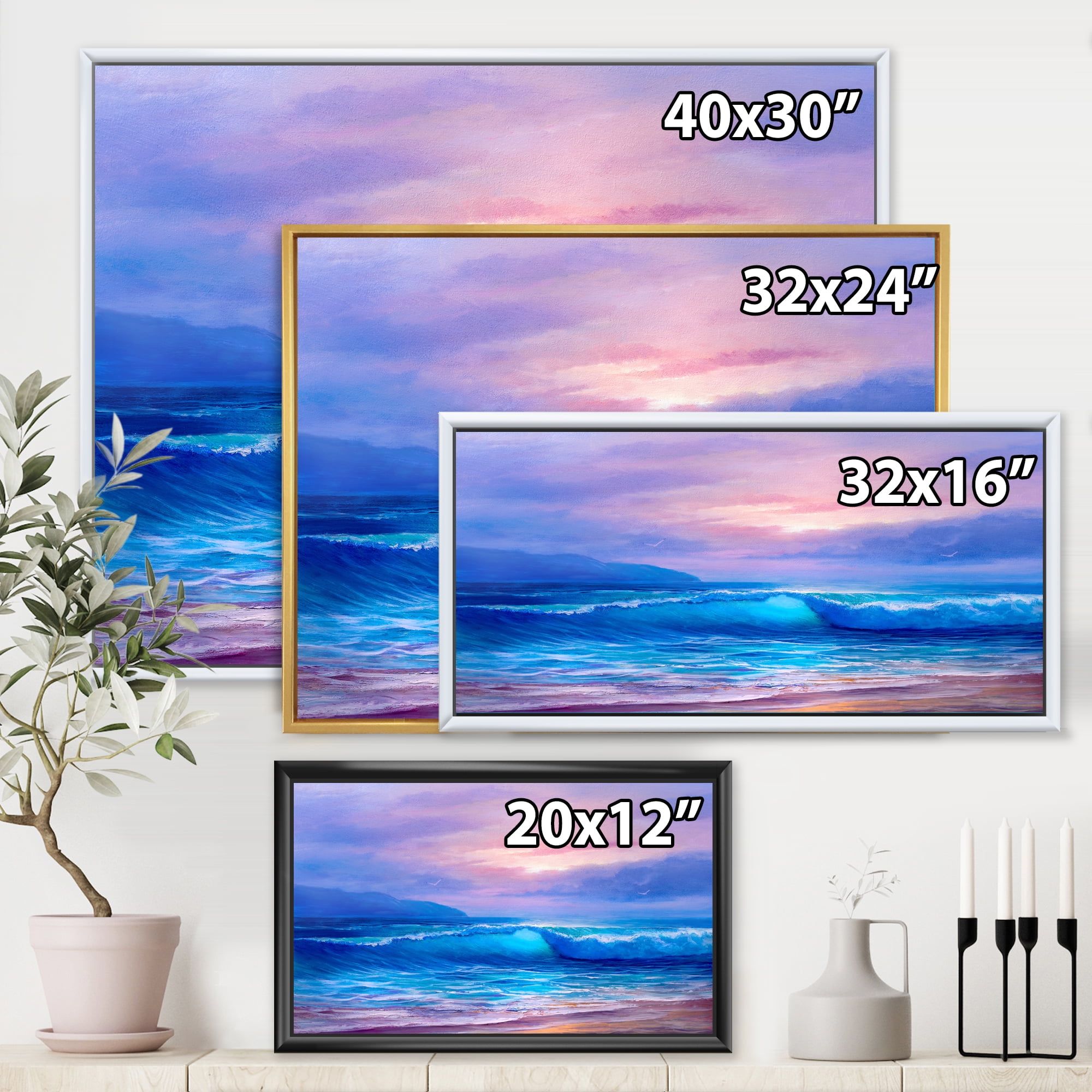 Designart 'The Sea By The Beach With Golden Sunset' Nautical & Coastal Framed Canvas Wall Art Print