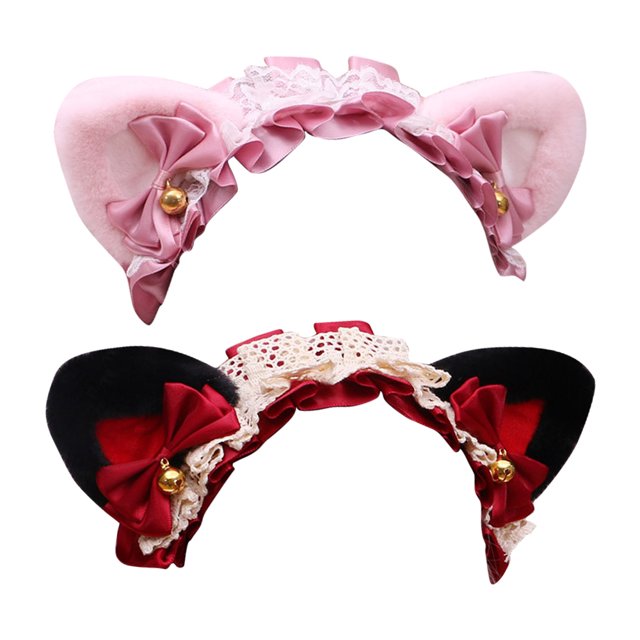 Paquete de 2 diademas de Lolita con orejas de gato, pajarita, campana, aro para la cabeza, cinta de encaje dulce, accesorios para el tocado MFZFUKR CPB-SSW1779-3