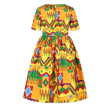 

B91xZ Flower Girl Dresses Dress Dresses Dashiki Baby Ankara Toddler 16Y Sleeve Neck Princess Traditional Short Outfits Kids Yellow Size 4-5 Years