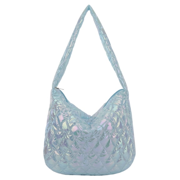 Yucurem Autumn Winter Cool Girls Tote Bags, Large Capacity Laser Cotton Padded Shoulder Bags for Travel Shopping Parties (Light Blue)