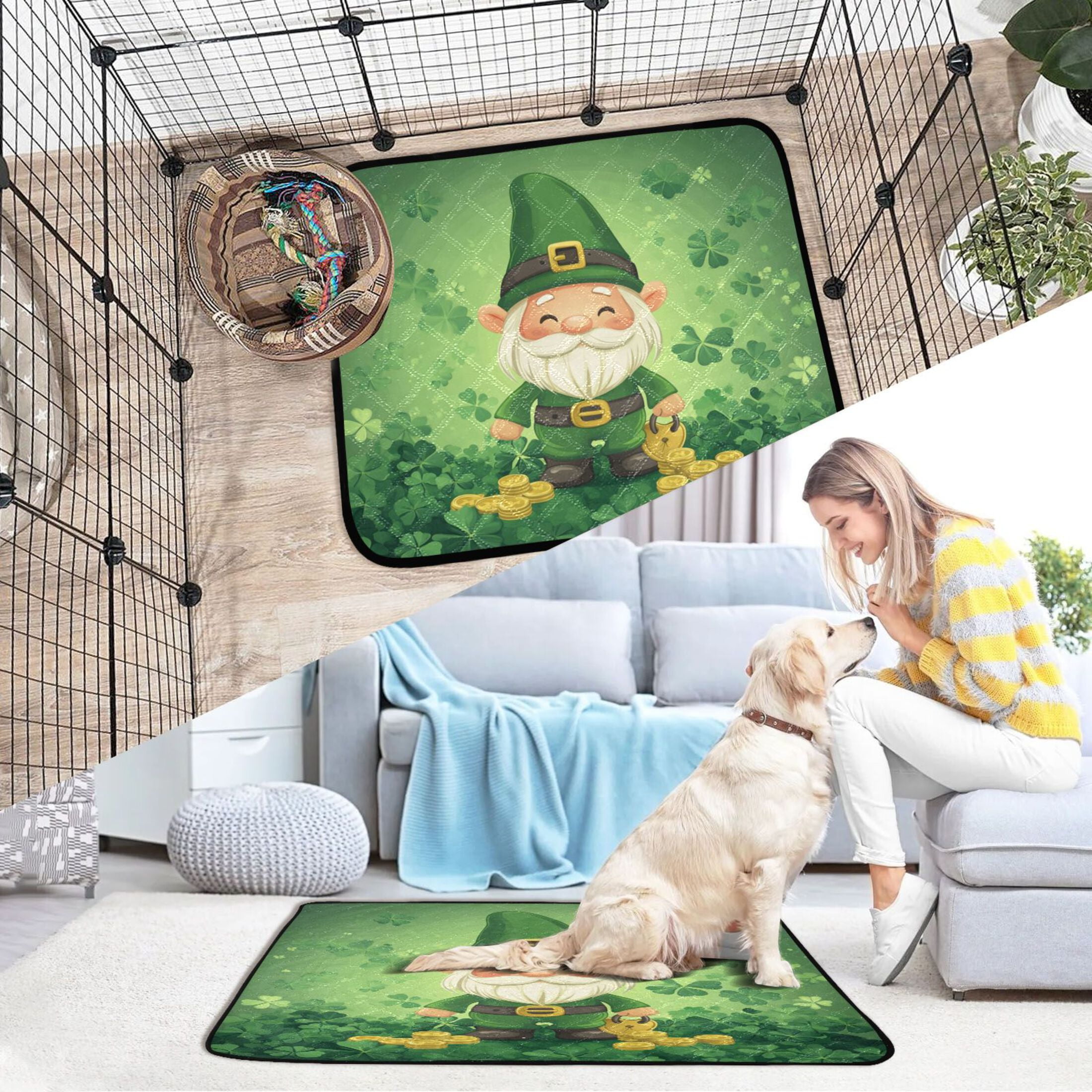 Qxltty St Patricks Gnome Cat litter Pads Pet Set of 3 Diaper Mats Center Anti-leakage Layer Absorbent Soft and Comfortable