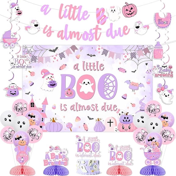 Halloween Baby Shower Party Decorations Pink Purple A Little Boo Is Almost Due Backdrop Banner A Baby Is Brewing Decor Hanging Swirls Halloween Cake Topper Balloons for Pregnancy Celebration