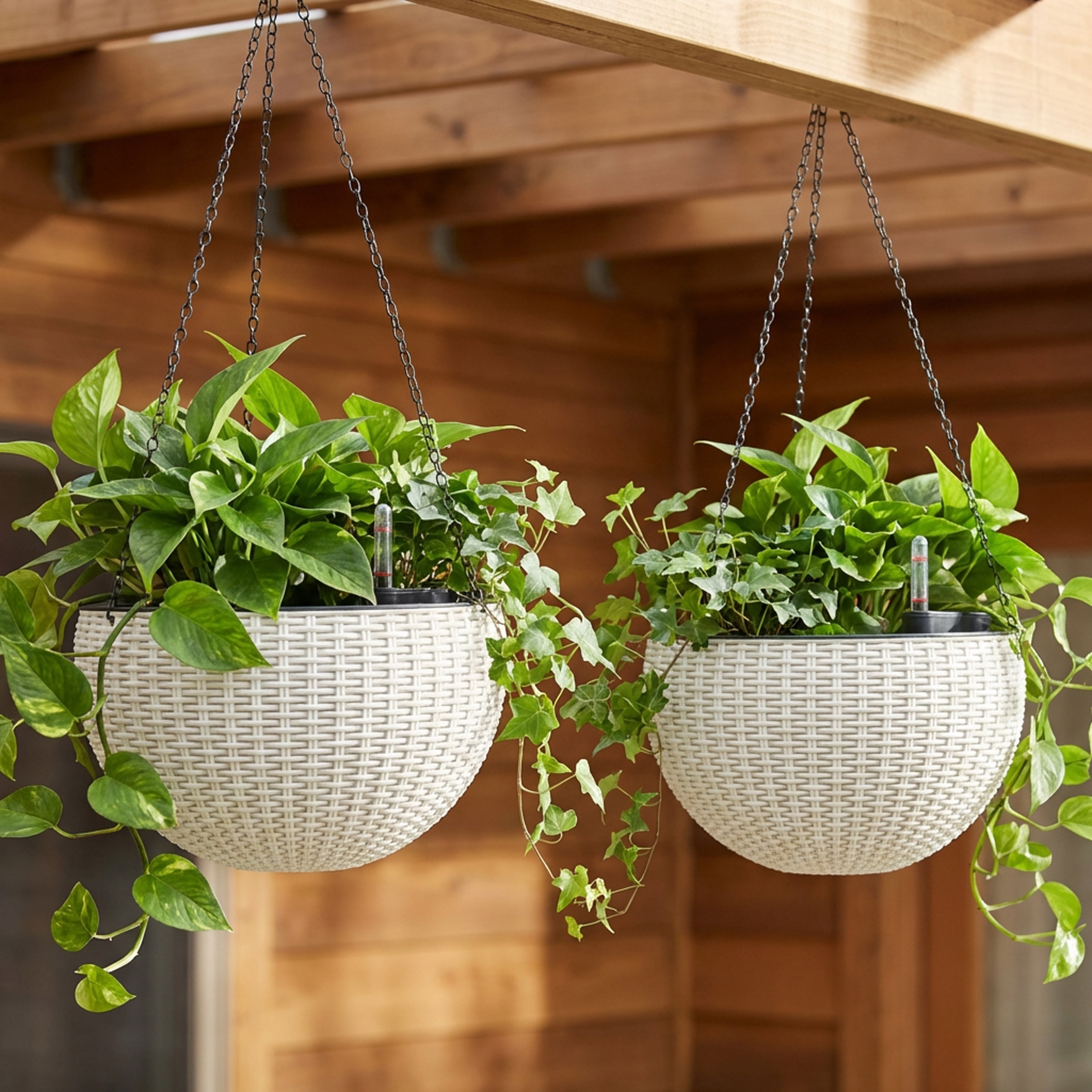 Algreen Modena Wicker Self-Watering Hanging Basket Planter, White, 2-Pack
