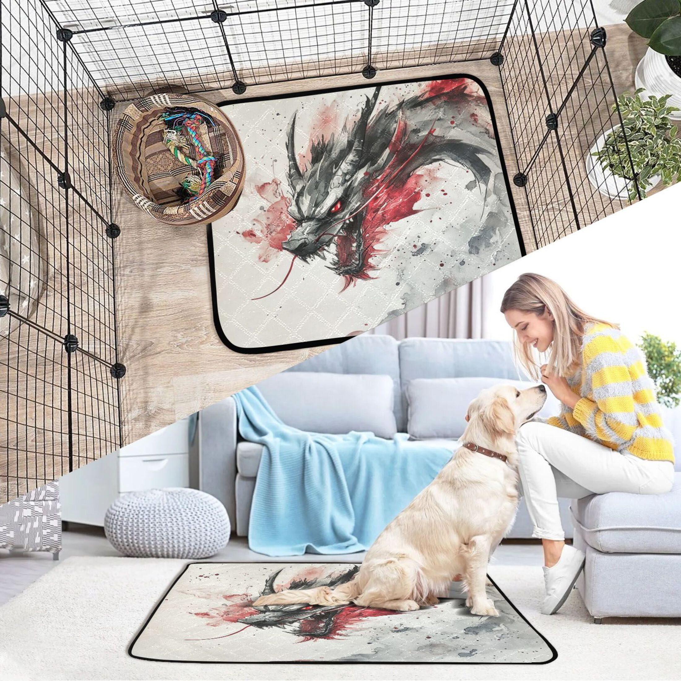 Qxltty Black and Red Dragon Cat litter Pads Pet Set of 3 Diaper Mats Center Anti-leakage Layer Absorbent Soft and Comfortable
