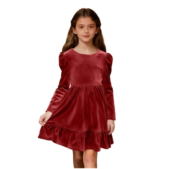 Nskgu Girls Long Sleeve Dress Velvet Crew Neck Bow Back Holiday Party Christmas Dresses