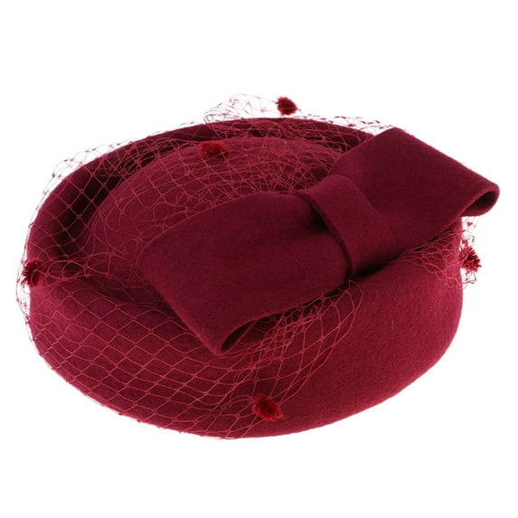 Vintage Wool Pillbox Hat with Bow Fascinator Wedding Headpiece - Burgundy,