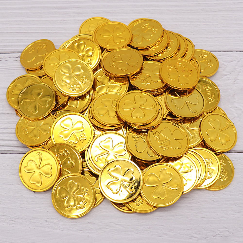 Gold Patrick's Day Decors Party Supplies Civaner 100 Pieces St Patrick's Day Shamrock Coins Plastic Coins Shamrock Coins Lucky 3 Leaf Plastic Coins Table Sprinkles for St 