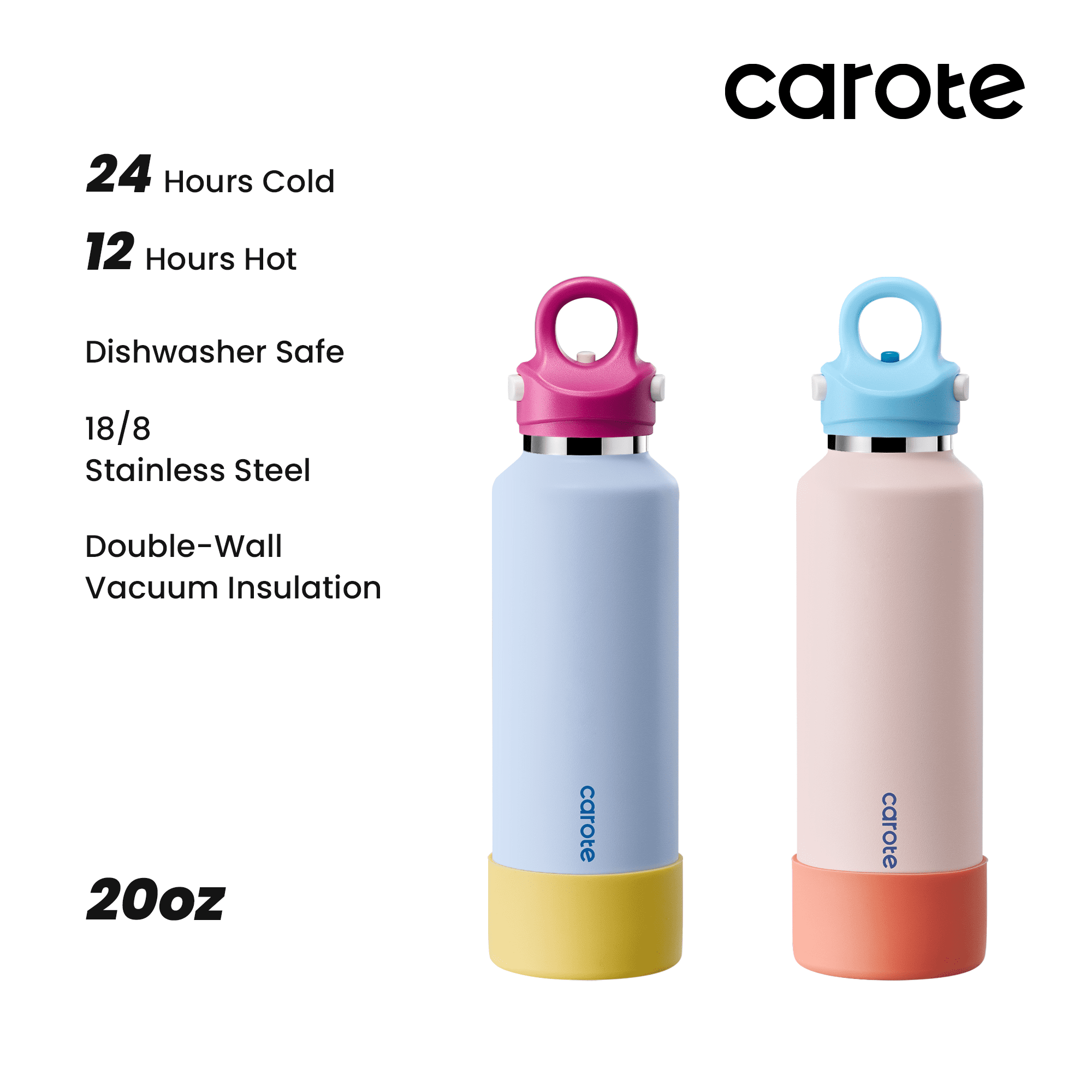 Carote Insulated Stainless Steel Water Bottle with Flip Lid, Leakproof Double Wall Vacuum Travel Tumbler, Reusable Cup for Hot & Cold Drinks, Orange, 20oz, 2 Pack