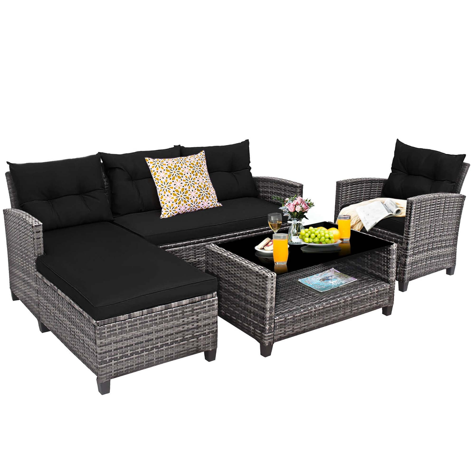 Costway 4 PCS Patio Rattan Furniture Set Sofa Ottoman Cushion Garden Deck Black