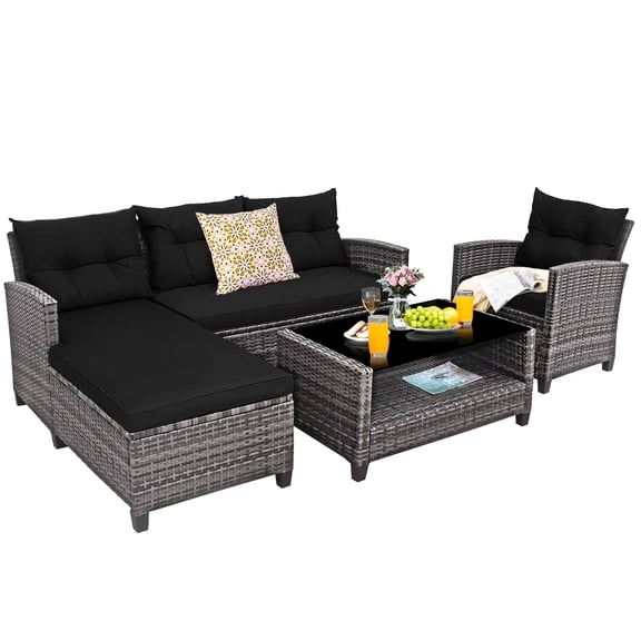 Gymax Set of 4 Rattan Furniture Set Sofa Ottoman Cushion Garden Deck Patio Black