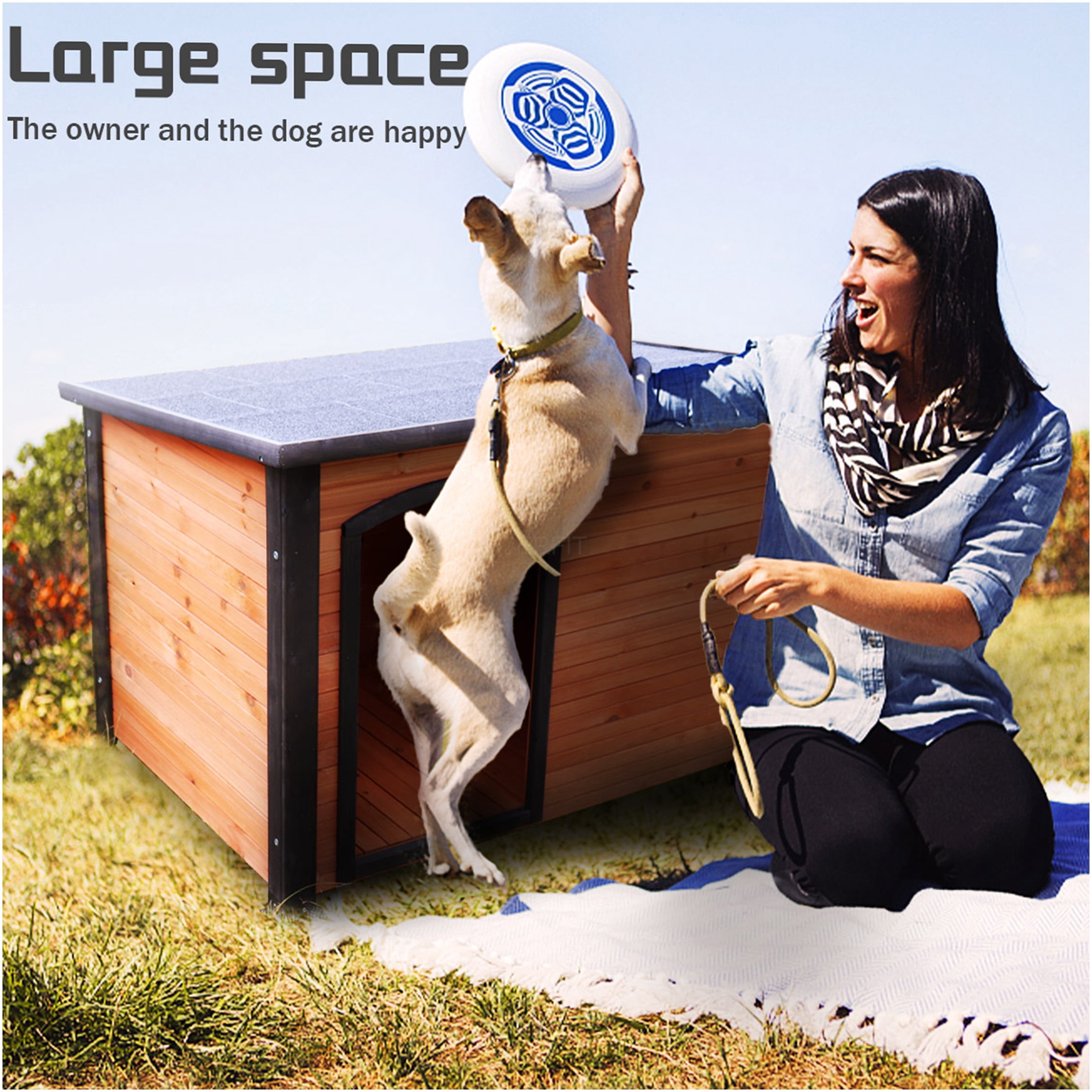 JERFIT 45 Inch Large Dog House Outdoor Indoor, All Weather Wooden Kennel with Elevated Base, Waterproof Roof & Winter Straps, Golden Black