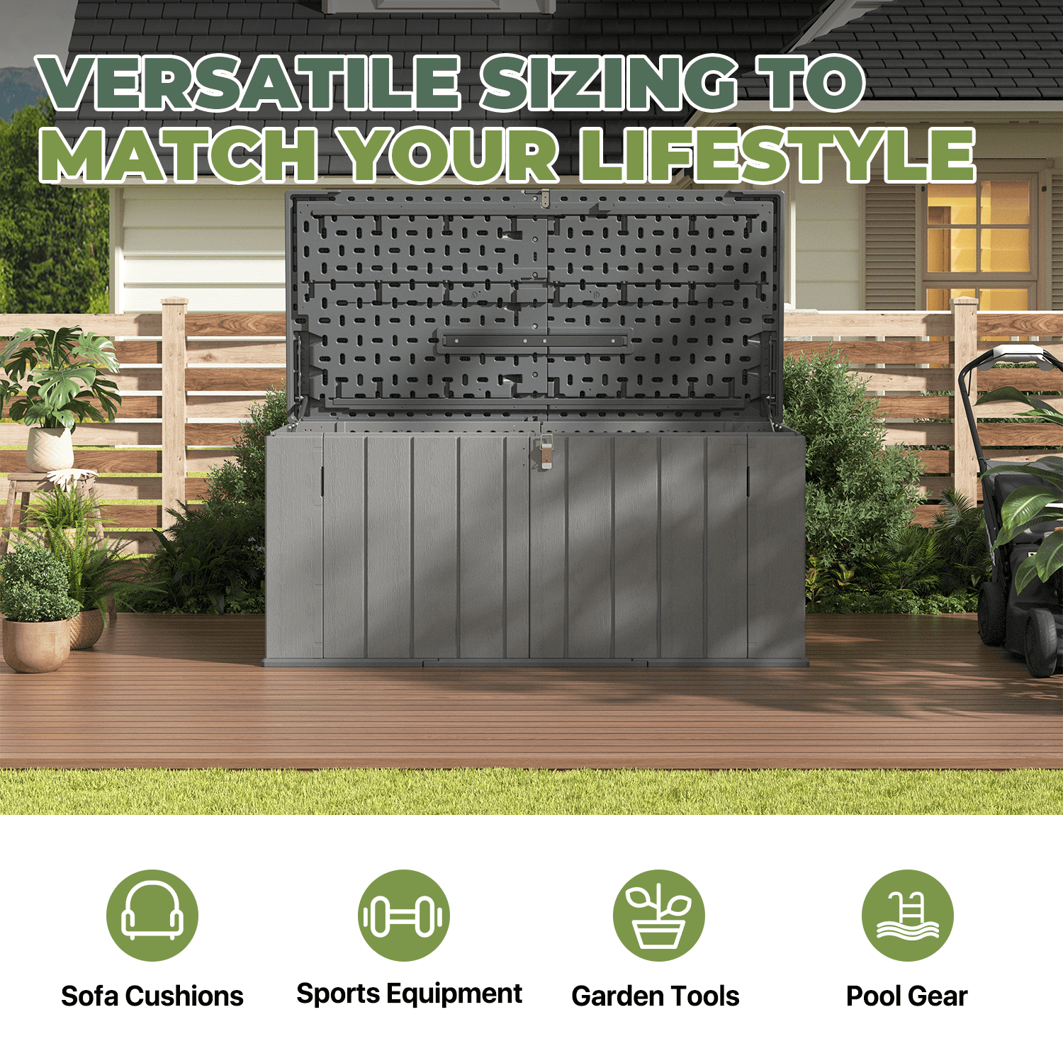 BaPiPro 120 Gallon Outdoor Patio Deck Box, Plastic Resin Storage Box for Garden Backyard Pool, Small Waterproof Storage Bins, 4.7'x2.2', Gray